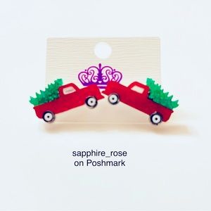 Vintage Red Pick Up Truck w/ Christmas Tree Holiday Womens Earrings Jewelry Gift
